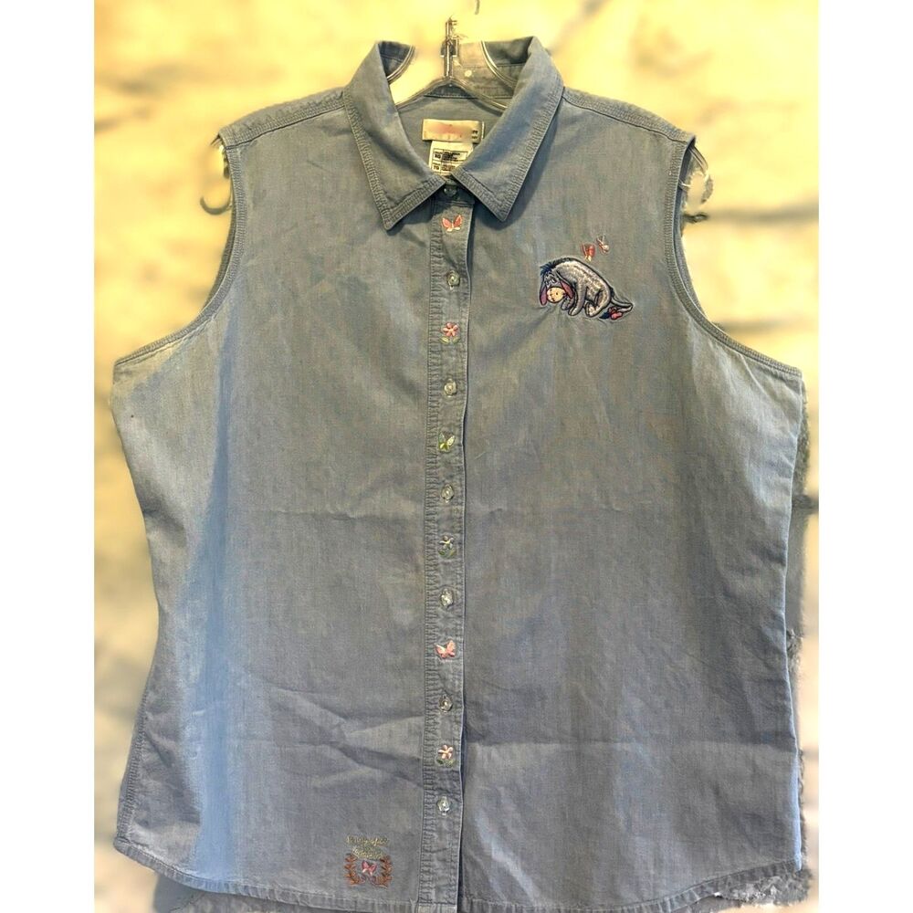 Vintage Disney Store Eeyore Embroidered Chambray Button Up Top XL Y2K Pooh